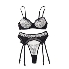 Ensemble de lingerie sexy en dentelle et maille patchwork avec jarretière