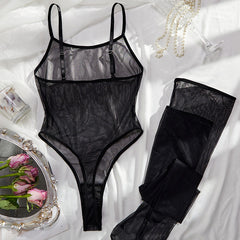 Body sexy sans entrejambe en maille transparente avec bas