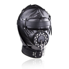 Masque de capuche de bondage en cuir végétalien de qualité supérieure avec couvre-bouche