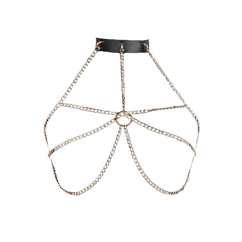 Arnés Bondage de cuero con cadena dorada