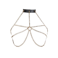 Arnés Bondage de cuero con cadena dorada