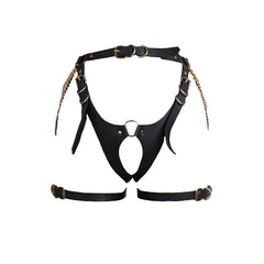 Arnés Bondage de cuero con cadena dorada