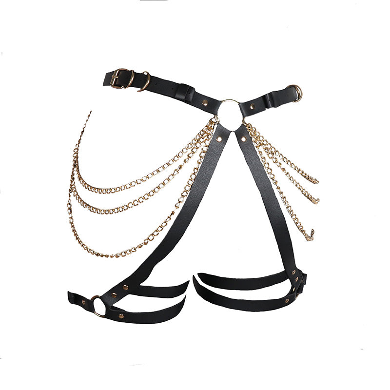 Arnés Bondage de cuero con cadena dorada