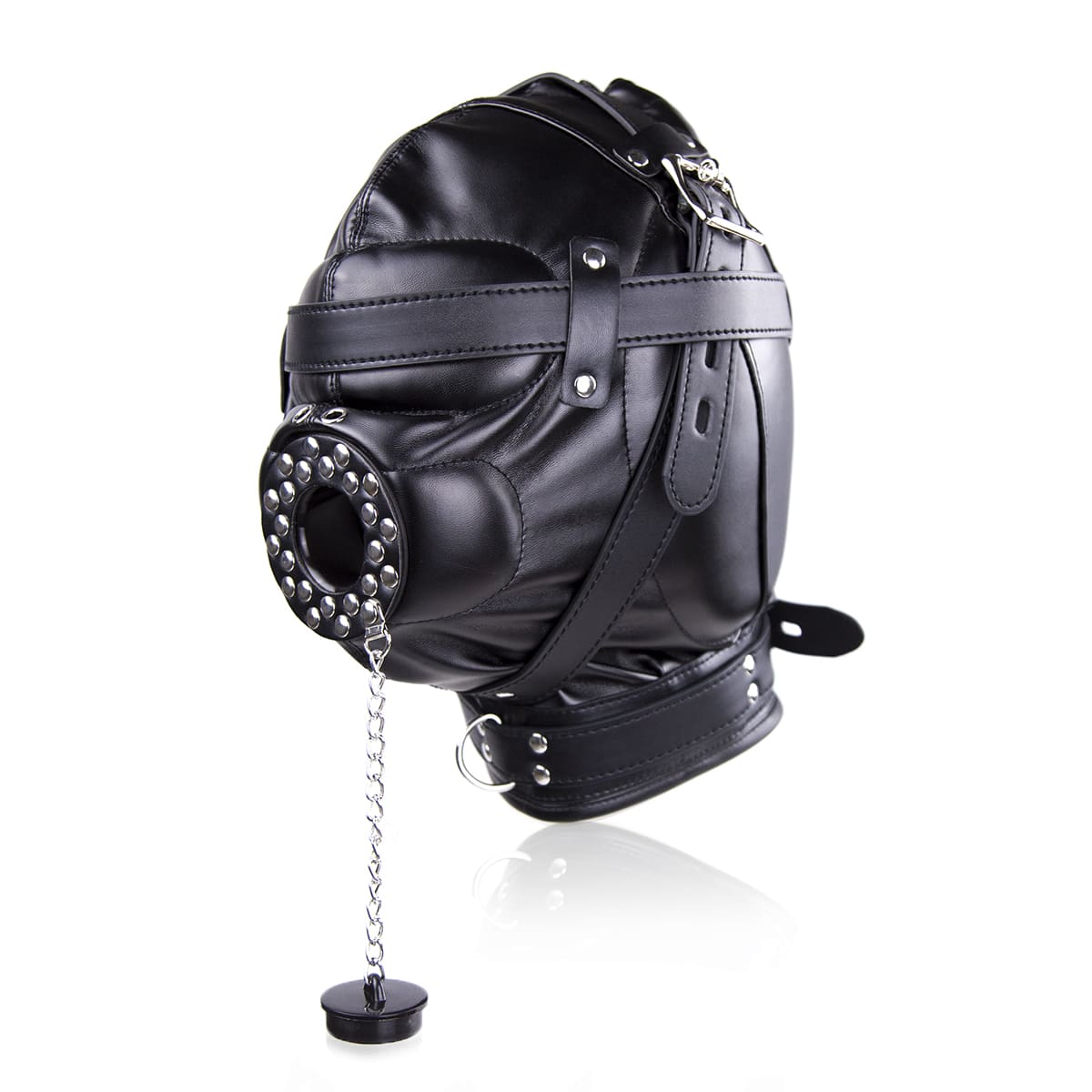 Máscara de capucha de cabeza de bondage de cuero vegano premium con cubierta para la boca
