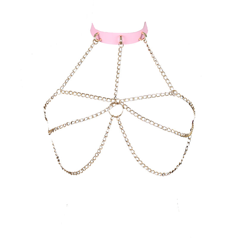 Arnés Bondage de cuero con cadena dorada