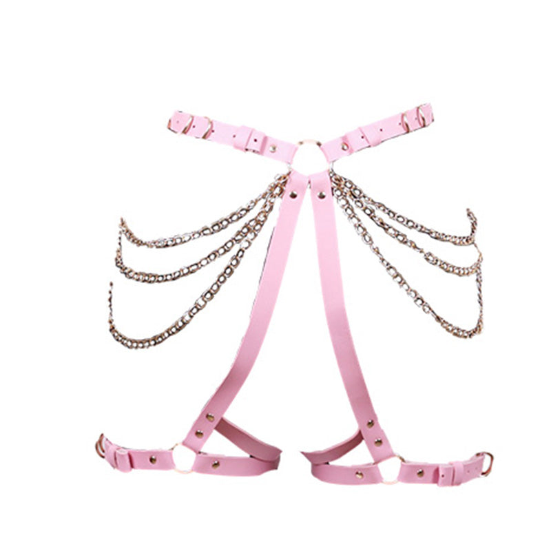 Arnés Bondage de cuero con cadena dorada