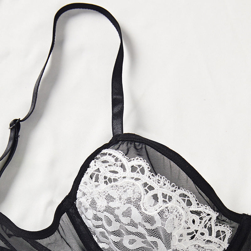 Sexy Lace Mesh Patchwork Lingerie Set with Garter