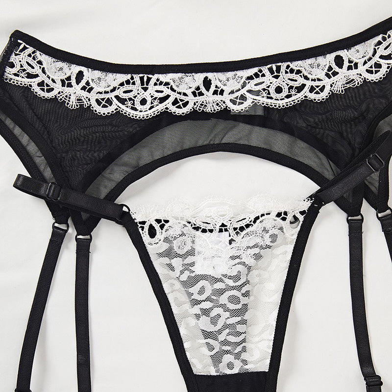 Sexy Lace Mesh Patchwork Lingerie Set with Garter