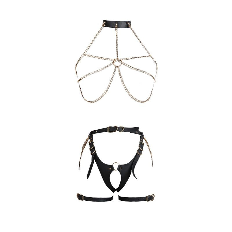 Arnés Bondage de cuero con cadena dorada