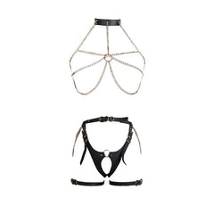 Arnés Bondage de cuero con cadena dorada