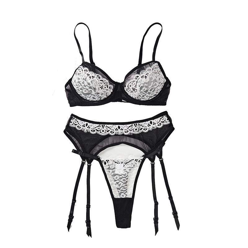 Sexy Lace Mesh Patchwork Lingerie Set with Garter
