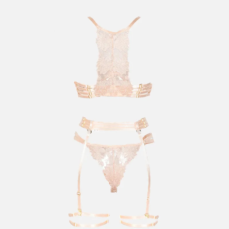 Embroidered Strap Lingerie Set with Garter