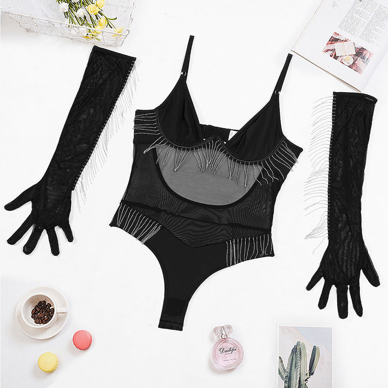 Sexy Low-cut Tassel Bodysuit with Gloves