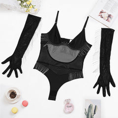 Sexy Low-cut Tassel Bodysuit with Gloves