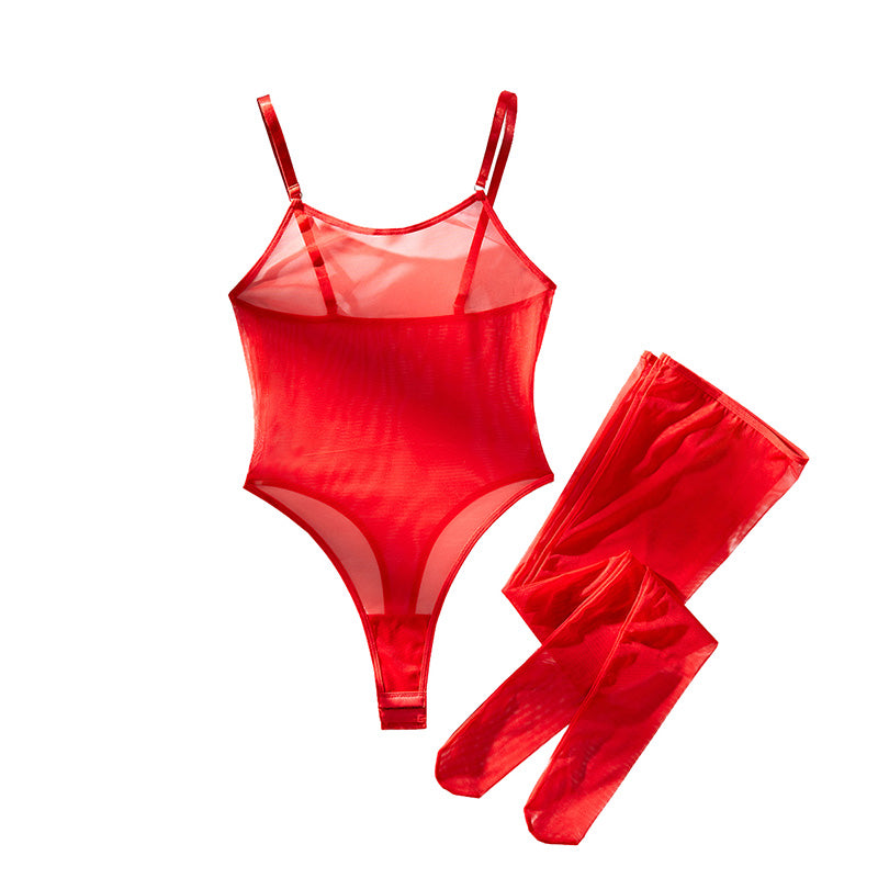 Sexy See-through Mesh Crotchless Bodysuit with Stockings