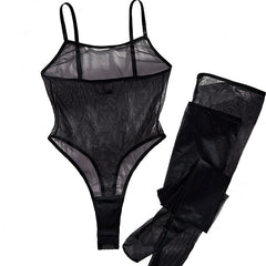 Sexy See-through Mesh Crotchless Bodysuit with Stockings