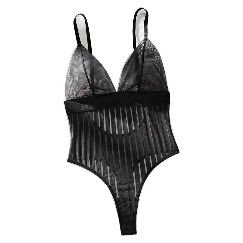 Striped See-through Mesh Splicing Bodysuit