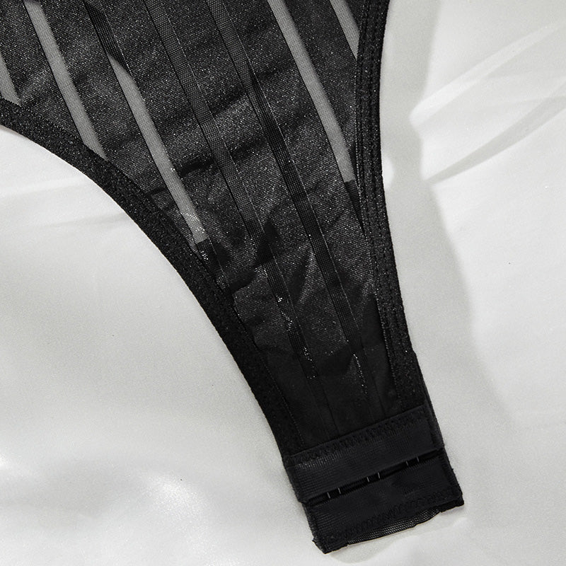 Striped See-through Mesh Splicing Bodysuit