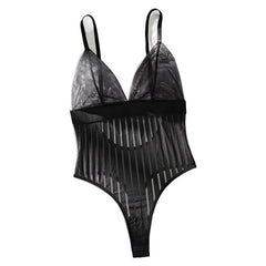 Striped See-through Mesh Splicing Bodysuit