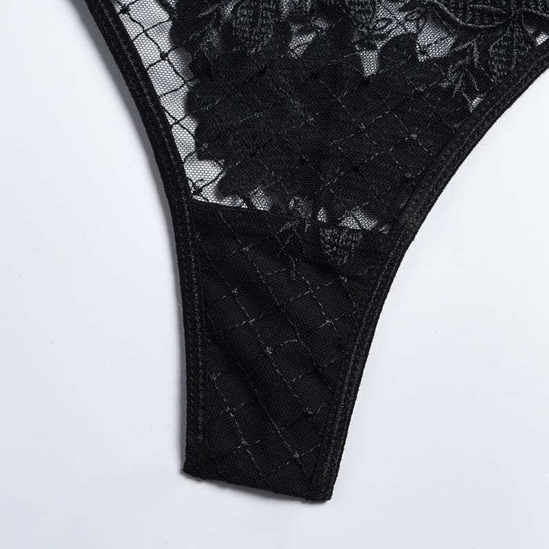 Embroidered Strap Lingerie Set with Garter