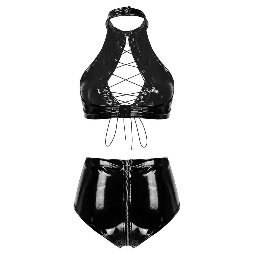 Sexy High Gloss Vest and Zipper Open Crotch Pants Set