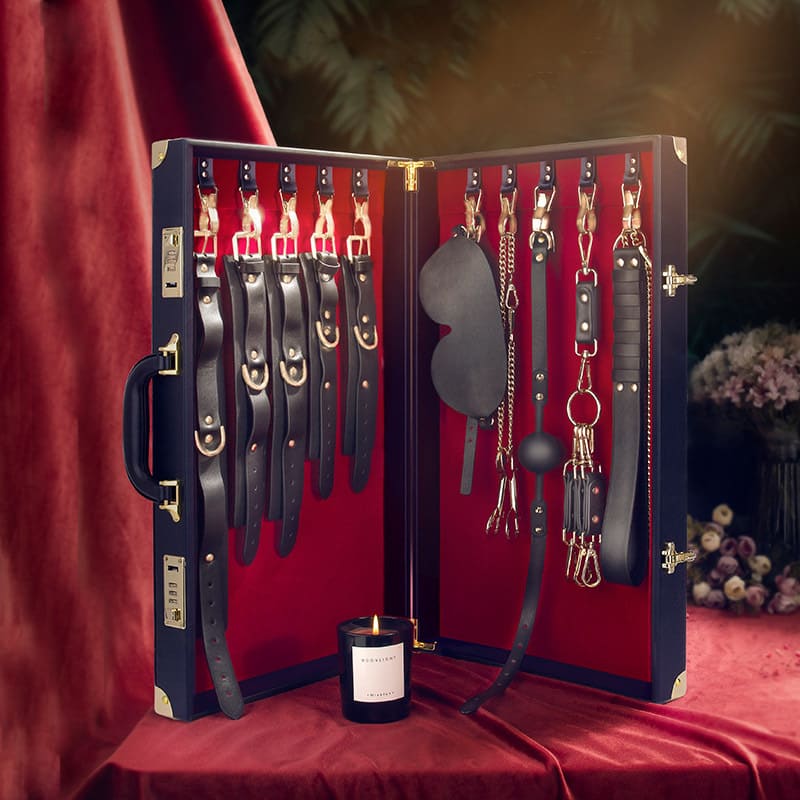 Kit de maleta BDSM de cuero genuino de lujo