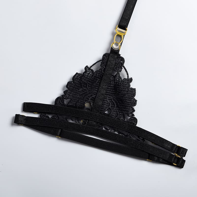 Embroidered Strap Lingerie Set with Garter