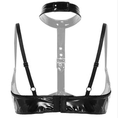 Sujetador de copa abierta sexy de alto brillo con cuello