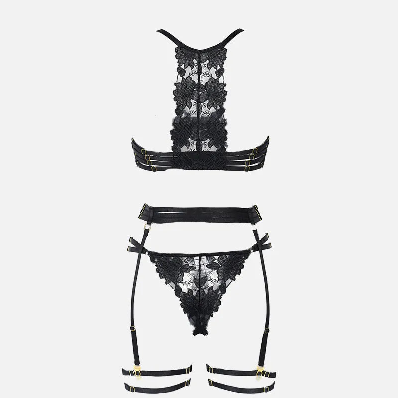 Embroidered Strap Lingerie Set with Garter