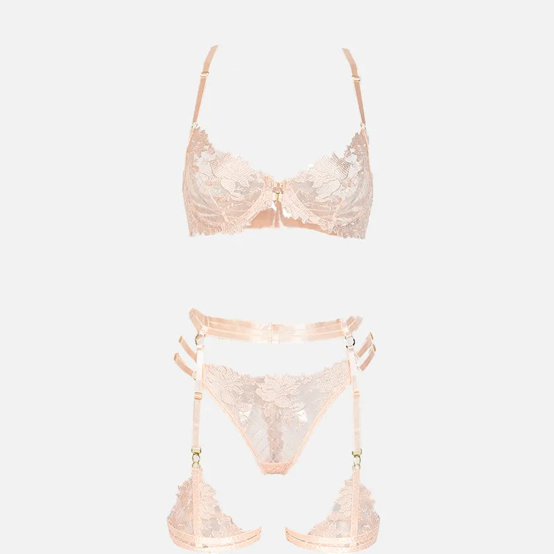 Embroidered Strap Lingerie Set with Garter