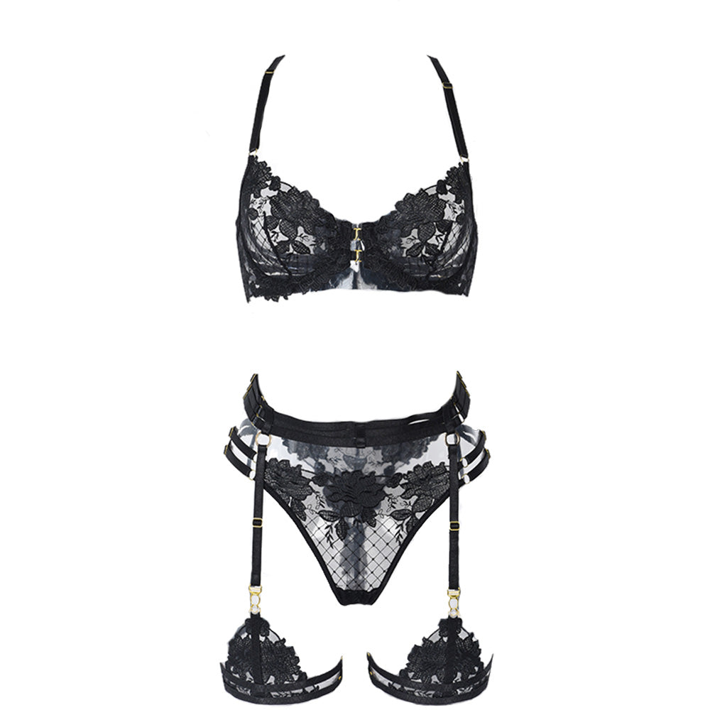 Embroidered Strap Lingerie Set with Garter