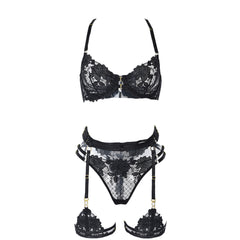 Embroidered Strap Lingerie Set with Garter